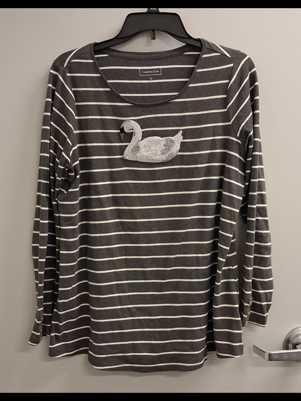 Charter Club Gray and White Striped Long-Sleeve Top with Swan Patch - Picture 2 of 8